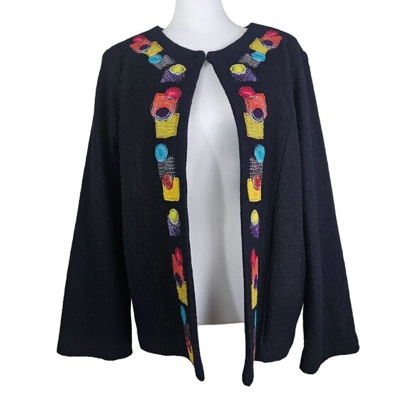 Sara Isabella Black Open Wool Jacket Sz M Colorful Embroidered Artsy Teacher - Picture 1 of 11